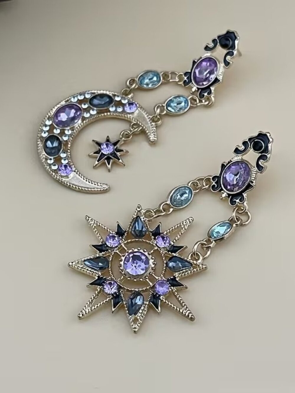 🆕 Mismatched Celestial Sun Moon Purple Crystal Dangle Earrings NWOT